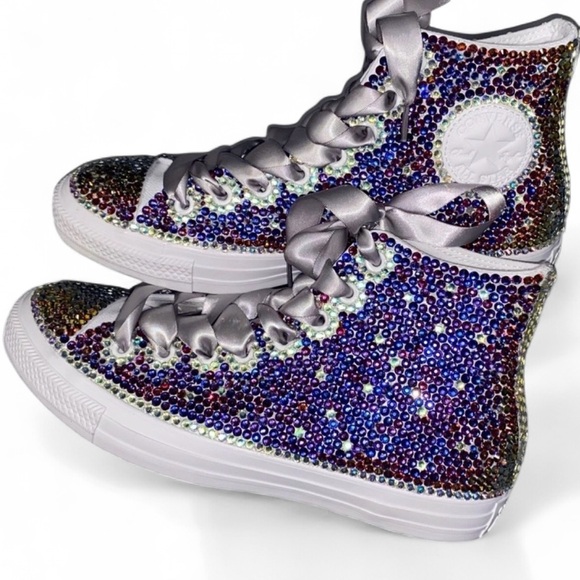 Meridian Blue Crystal High Top Converse Sizes 5-14 New In Box With Ribbon laces - Picture 1 of 15